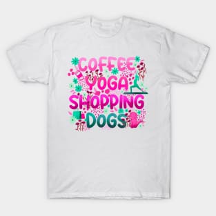 Coffee Yoga Shopping Dogs in Pink-Green T-Shirt